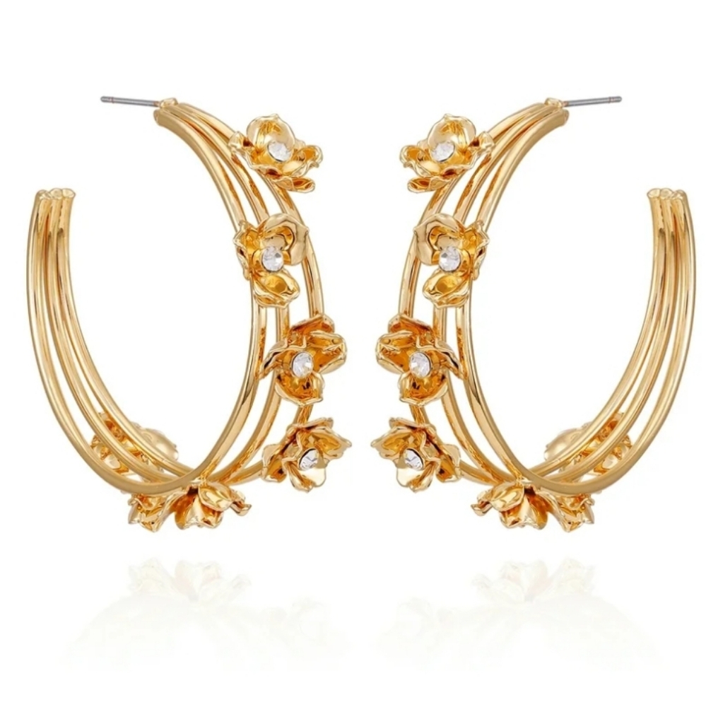 Time And Tru Large Gold Pierced Hoops With Flowers/Crystal Accents New